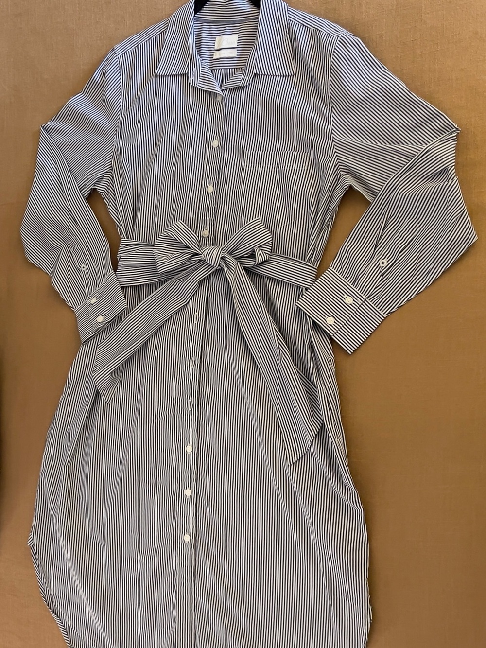 J. Crew Navy and White Striped Long-Sleeve Shirt Dress with Waist Tie